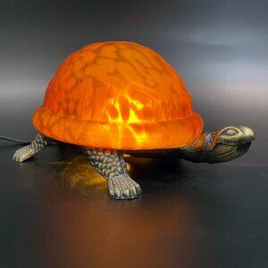 Turtle Lamp with Amber Tiffany Style Glass, Brass Base Tortoise Night Light